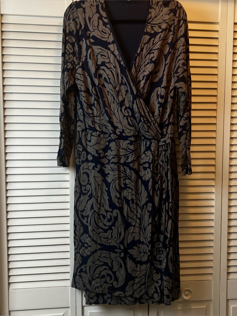 Boden Navy and Taupe Wrap Dress with Leaf Scroll Print